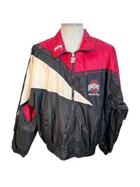 VTG Ohio State Buckeyes Windbreaker‎ Jacket Red Black White Full Zip Size Large